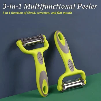 3-in-1 vegetable peeler with non-slip handle in hand, demonstrating easy peeling action